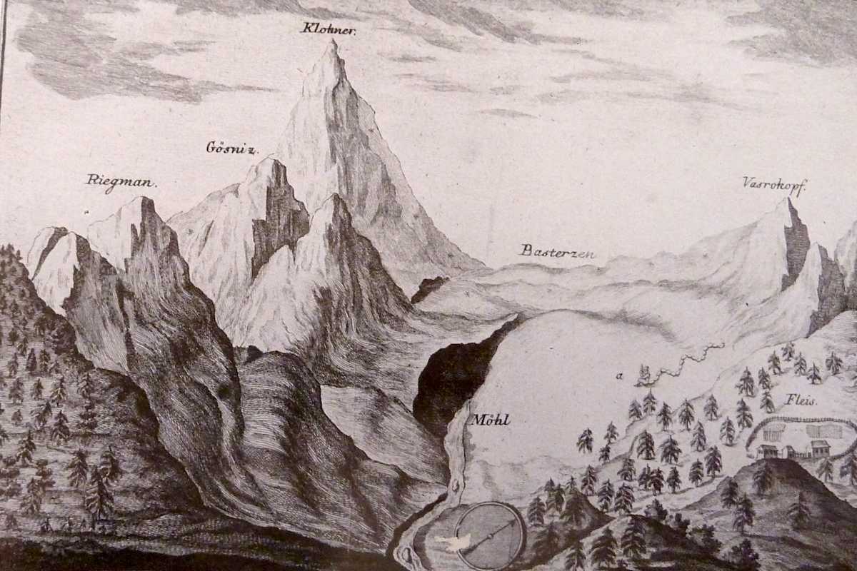 1782 - Die älteste Abbildung des Großglockners in der für damals typisch überzeichneten Form.