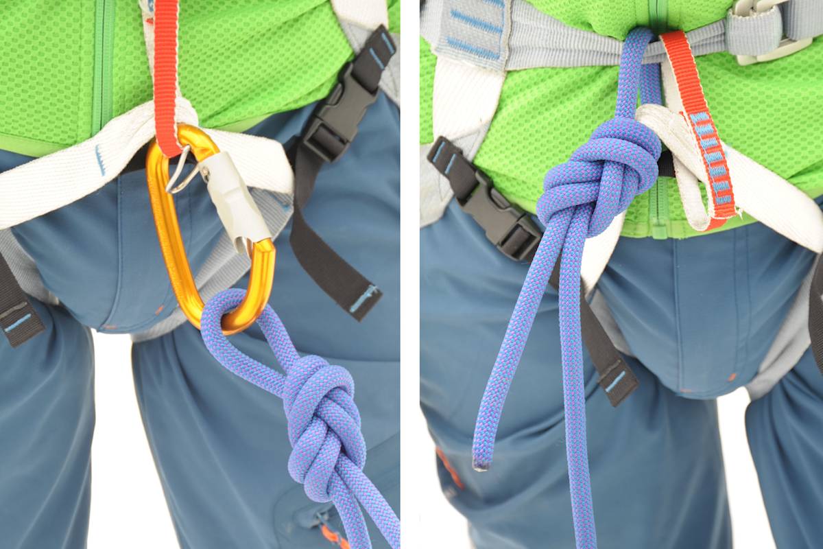 Anseilen: Mittels Verschlusskarabiner und Achterknoten (links) oder als Seilschaftserster und -letzter direkt mittels Achterknoten (rechts).