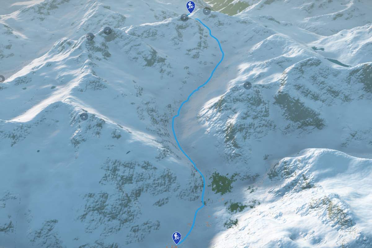 3D-Kartenausschnitt der Skitour aufs Chüealphorn in den Albula Alpen in Graubünden