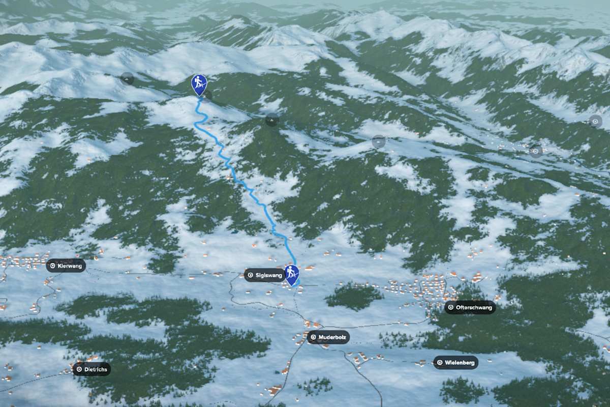 3D-Kartenausschnitt der Skitour aufs Rangiswanger Horn in den Allgäuer Vorbergen in Bayern