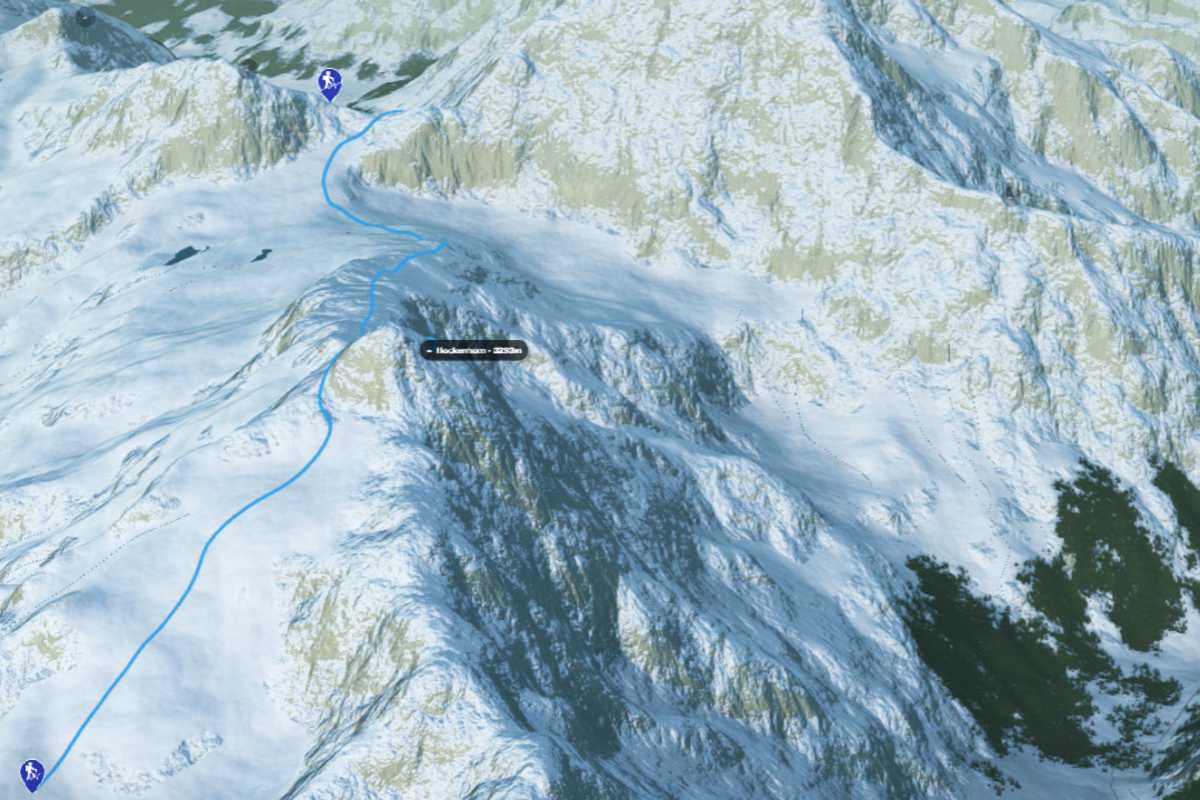 3D-Kartenausschnitt der Skitour aufs Hockenhorn an der Grenze der Kantone Wallis und Bern