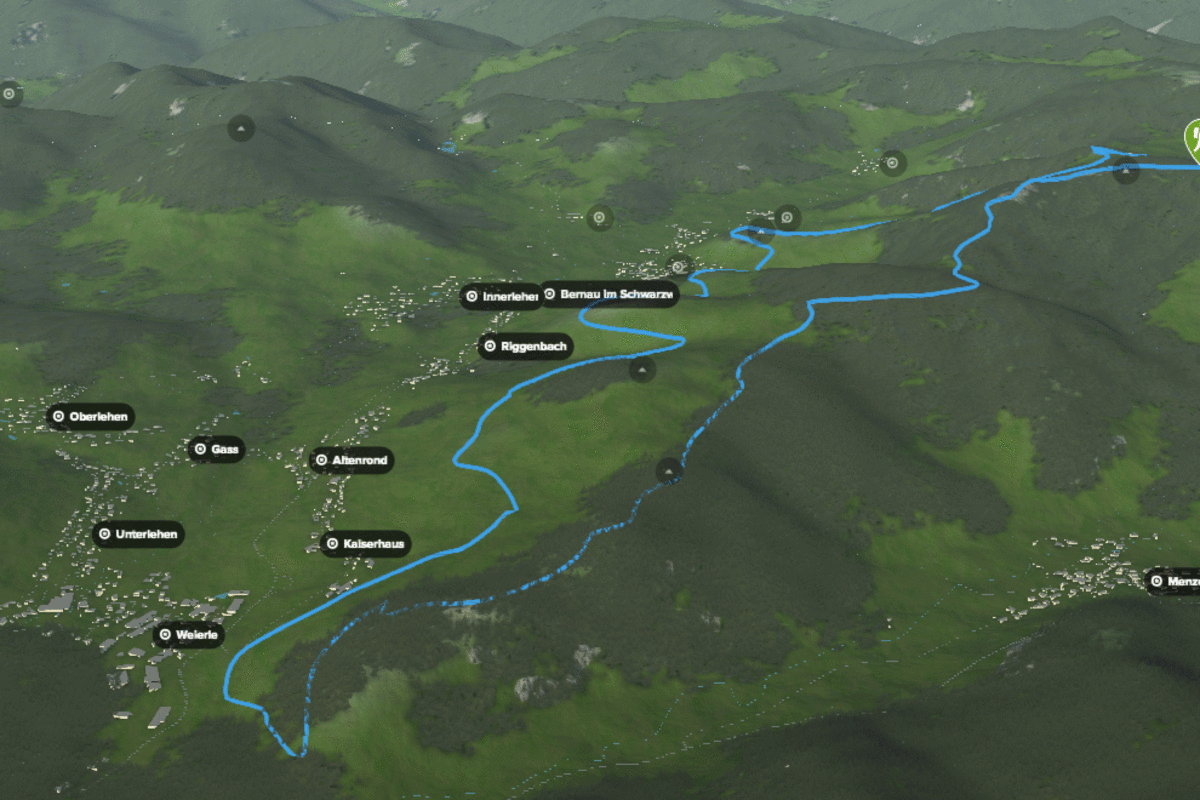 3D-Kartenausschnitt des Bernauer Hochtalsteigs im Hochschwarzwald in Baden-Württemberg