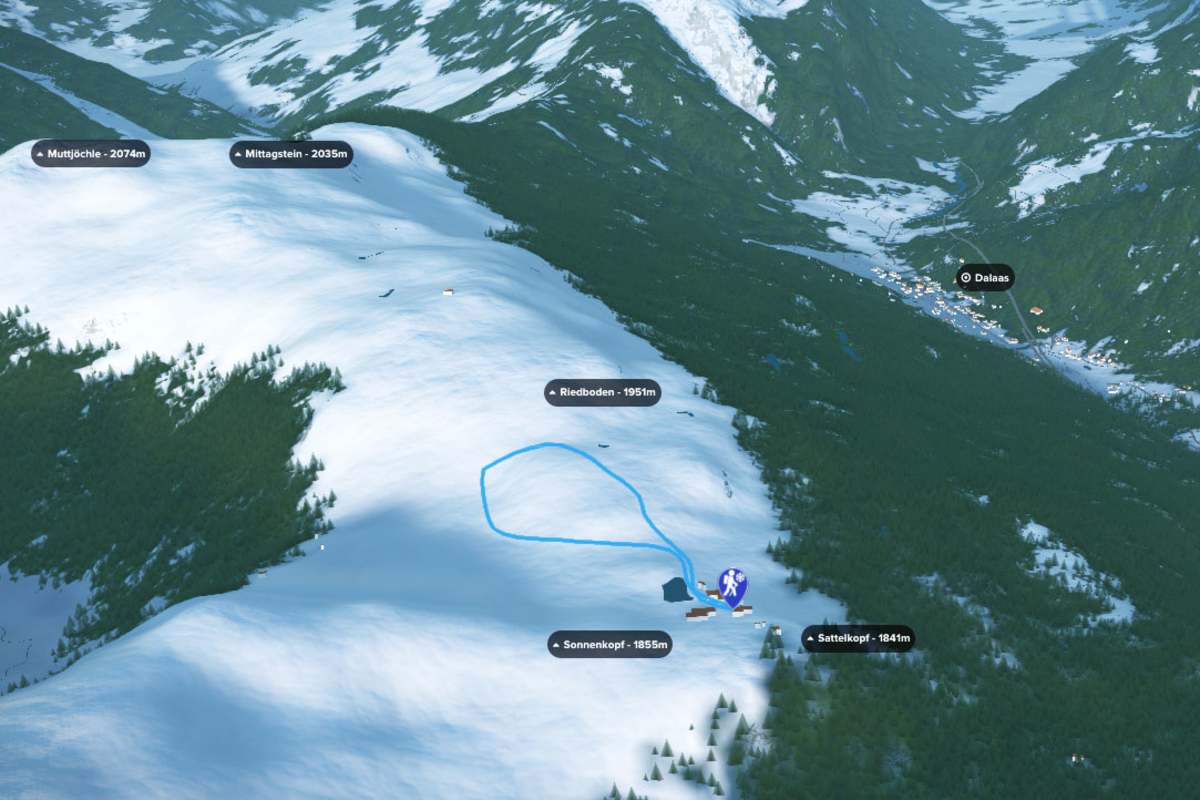3D-Kartenausschnitt der Winterwanderung am Hochplateau des Sonnenkopfs in Vorarlberg