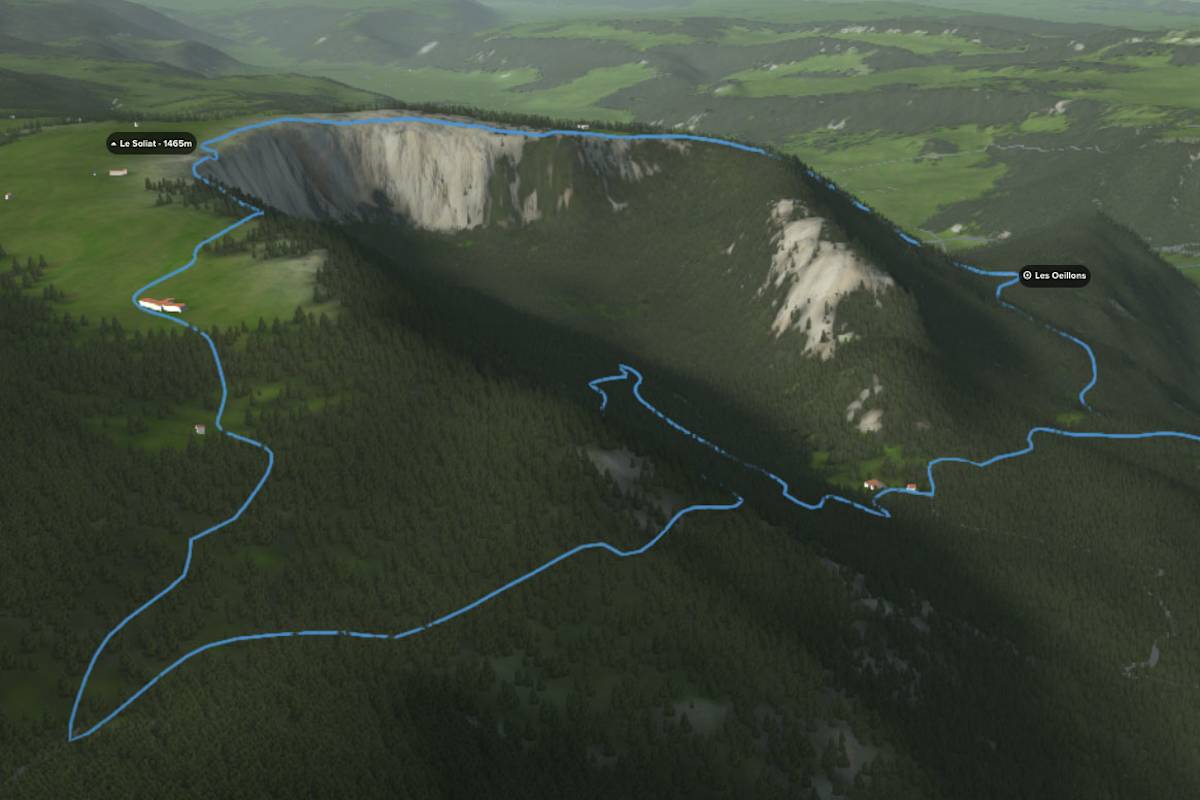 3D-Kartenausschnitt der Rundtour im Val-des-Travers in der Schweiz