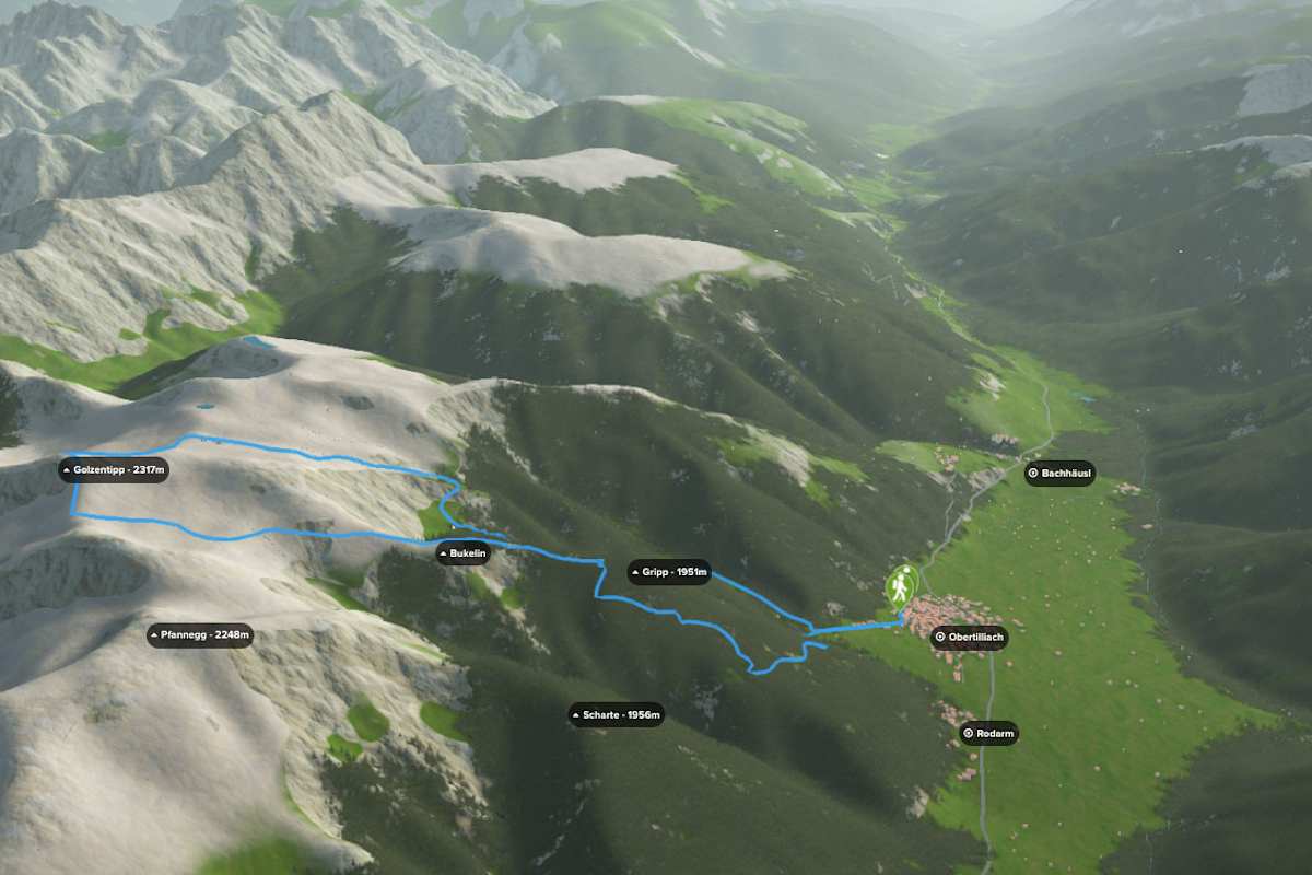 3D-Kartenausschnitt der Wanderung auf den Golzentipp in den Gailtaler Alpen in Osttirol