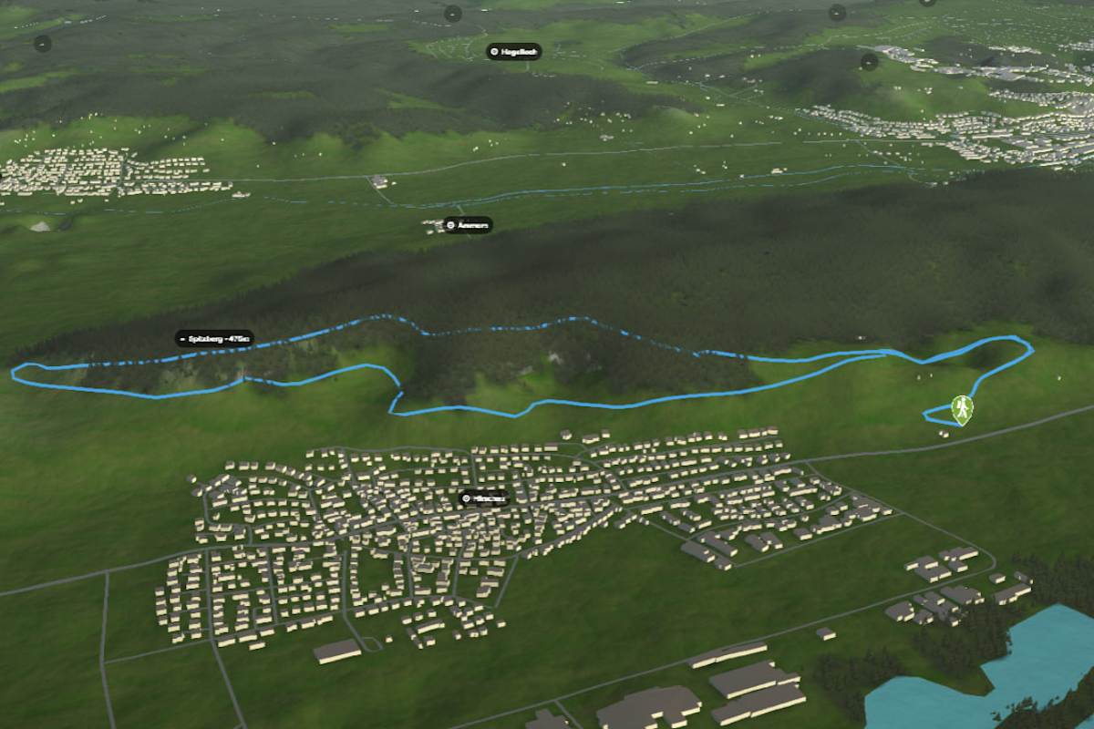 3D-Kartenausschnitt des Hirschauer Spitzbergwegles in Baden-Württemberg