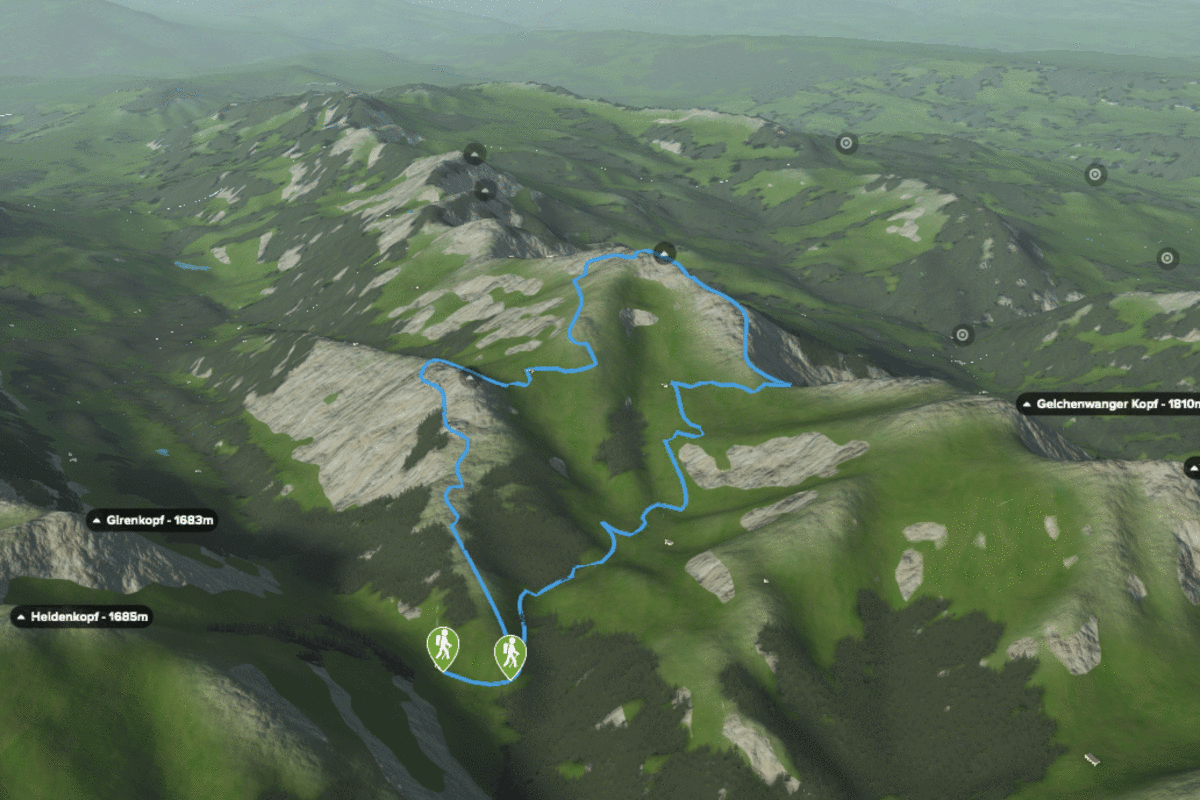 3D-Kartenausschnitt der Tour auf den Hochgrat in den Allgäuer Alpen