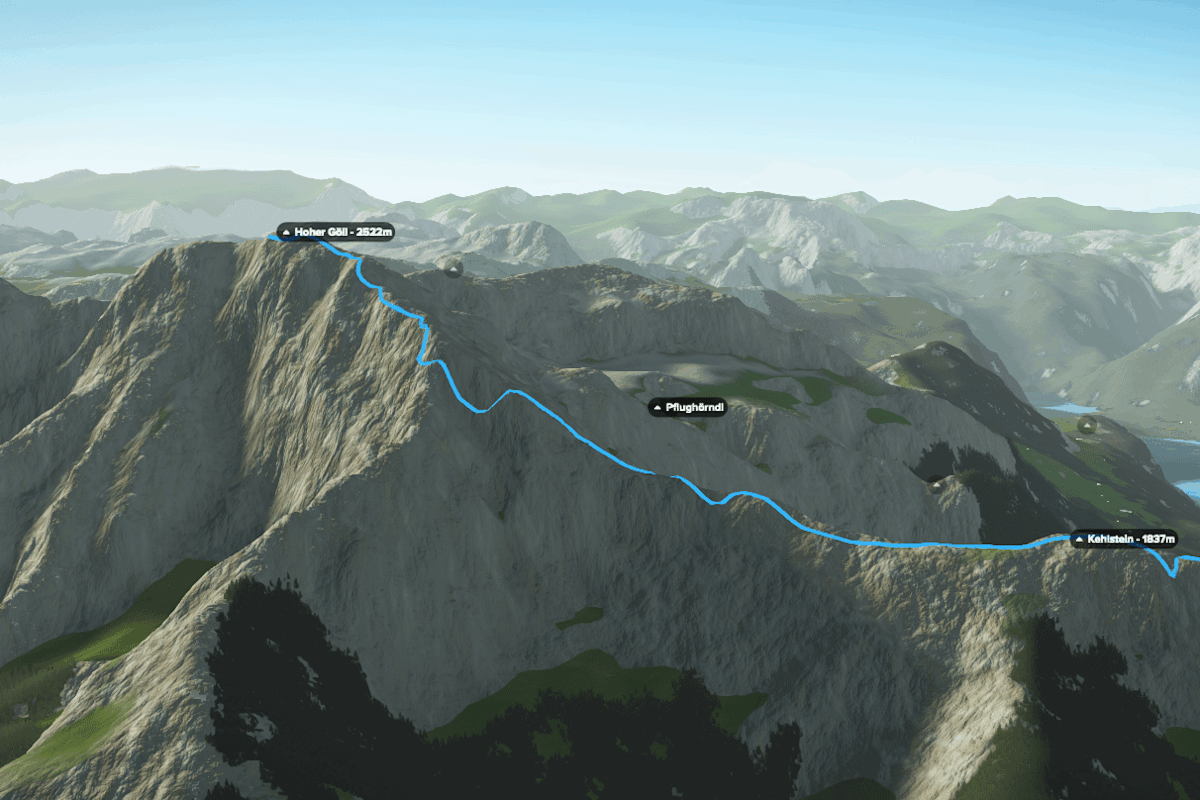 3D-Kartenausschnitt der Tour über den Mannlgrat auf den Hohen Göll in den Berchtesgadener Alpen in Bayern