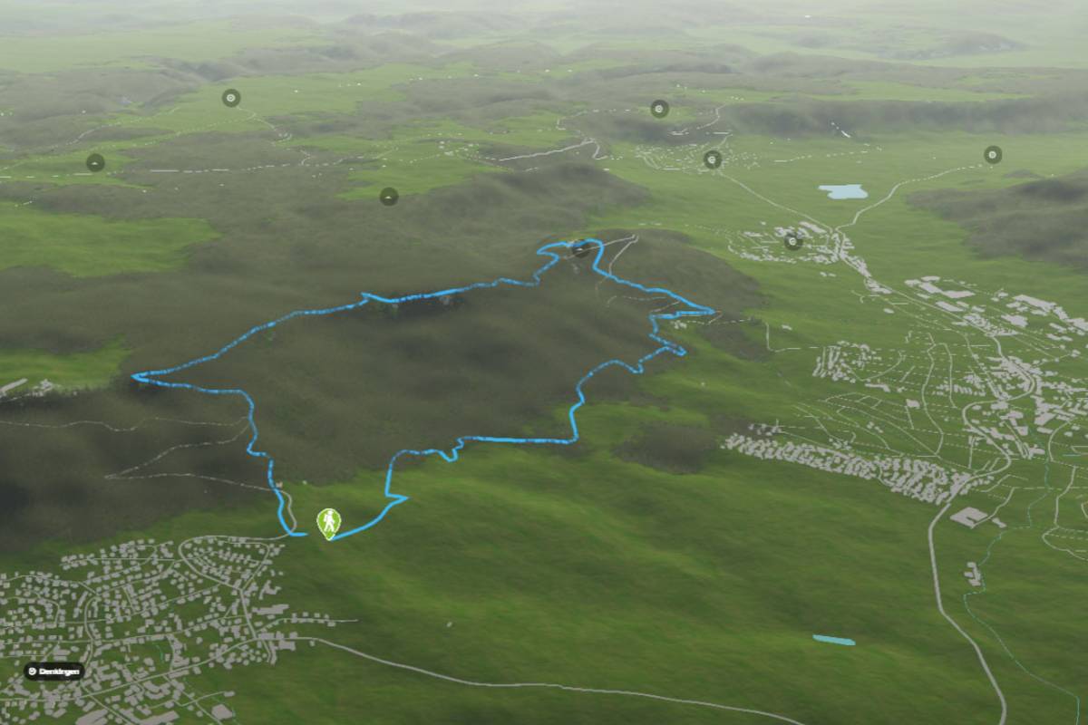 3D-Kartenausschnitt der Klippeneck-Runde auf der Schwäbischen Alb in Baden-Württemberg