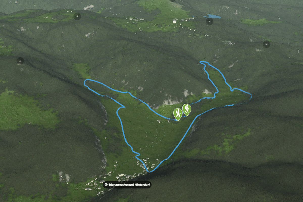 3D-Kartenausschnitt des Menzenschwander Geißenpfads im Hochschwarzwald in Baden-Württemberg