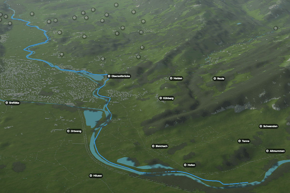 3D-Kartenausschnitt der Paddeltour auf der Iller in Bayern