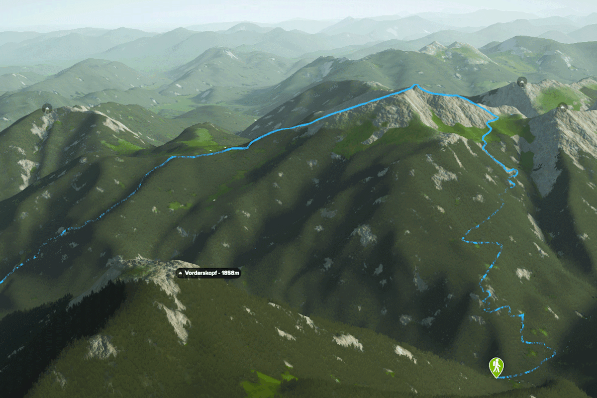 3D-Kartenausschnitt der Bergtour auf den Schafreuter im Vorkarwendel an der Grenze von Bayern und Tirol