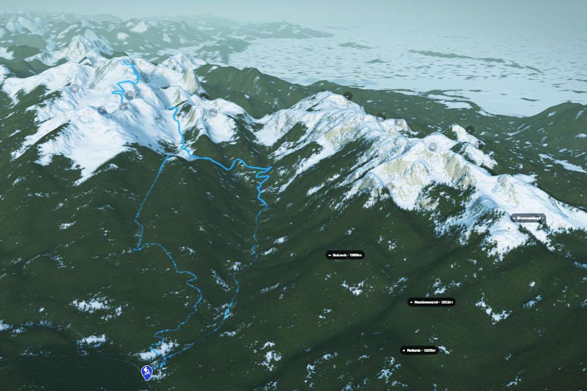 3D-Kartenausschnitt der Skitour auf die Ammergauer Hochplatte in Bayern