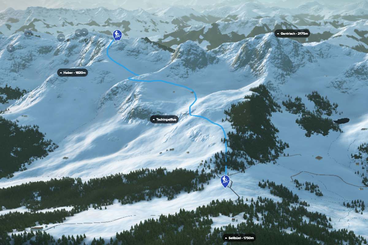 3D-Kartenausschnitt der Skitour auf die Gustispitze/Chrummfadenfluh im Berner Oberland
