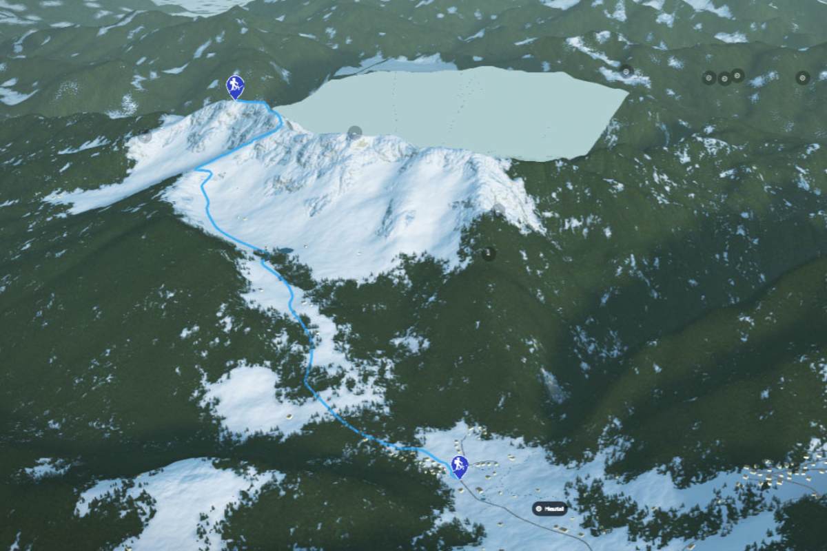 3D-Kartenausschnitt der Skitour aufs Dürrnbachhorn in den Chiemgauer Alpen