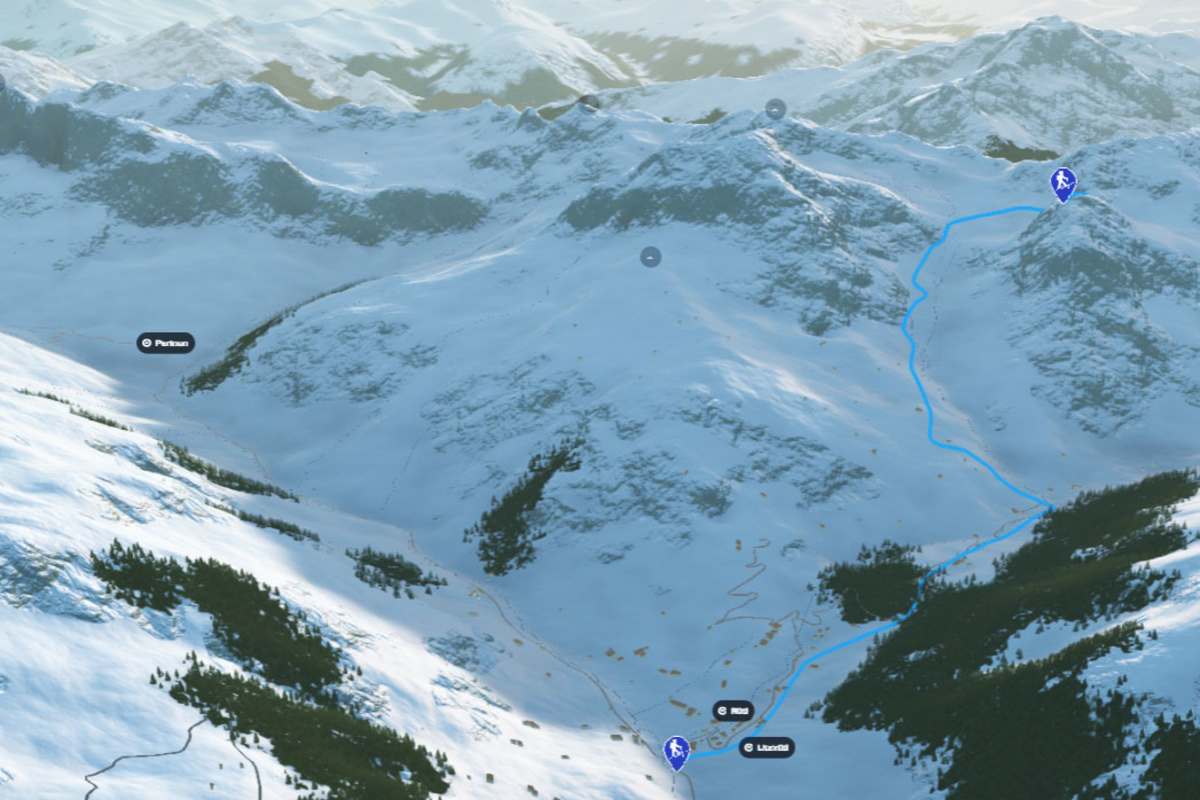 3D-Kartenausschnitt der Skitour auf die Gämpiflue im Rätikon