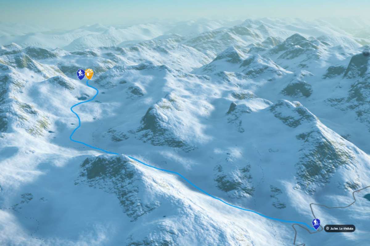 3D-Kartenausschnitt der Skitour auf die Jenatschhütte in Graubünden