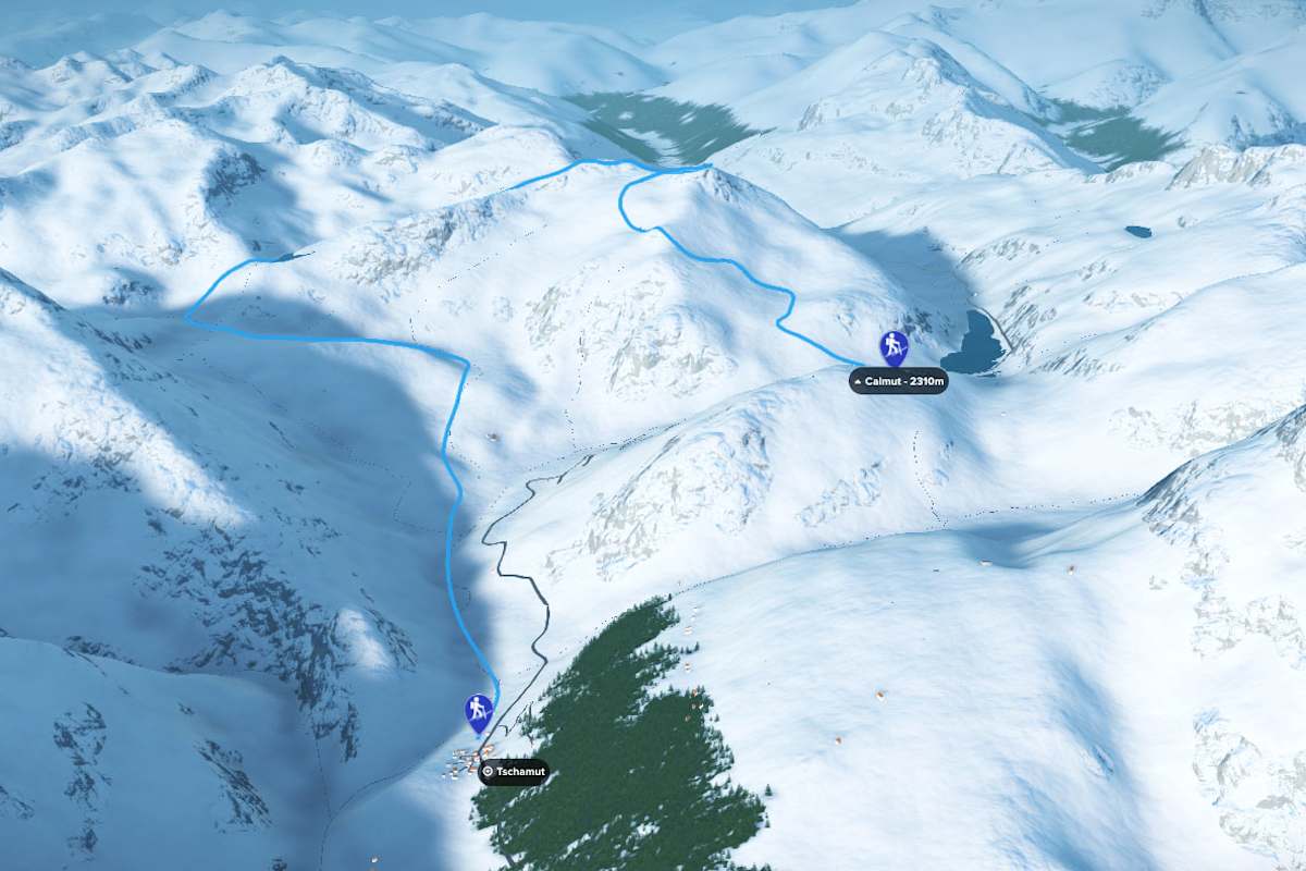 3D-Kartenausschnitt der Skitour auf den Pazolastock im Kanton Graubünden