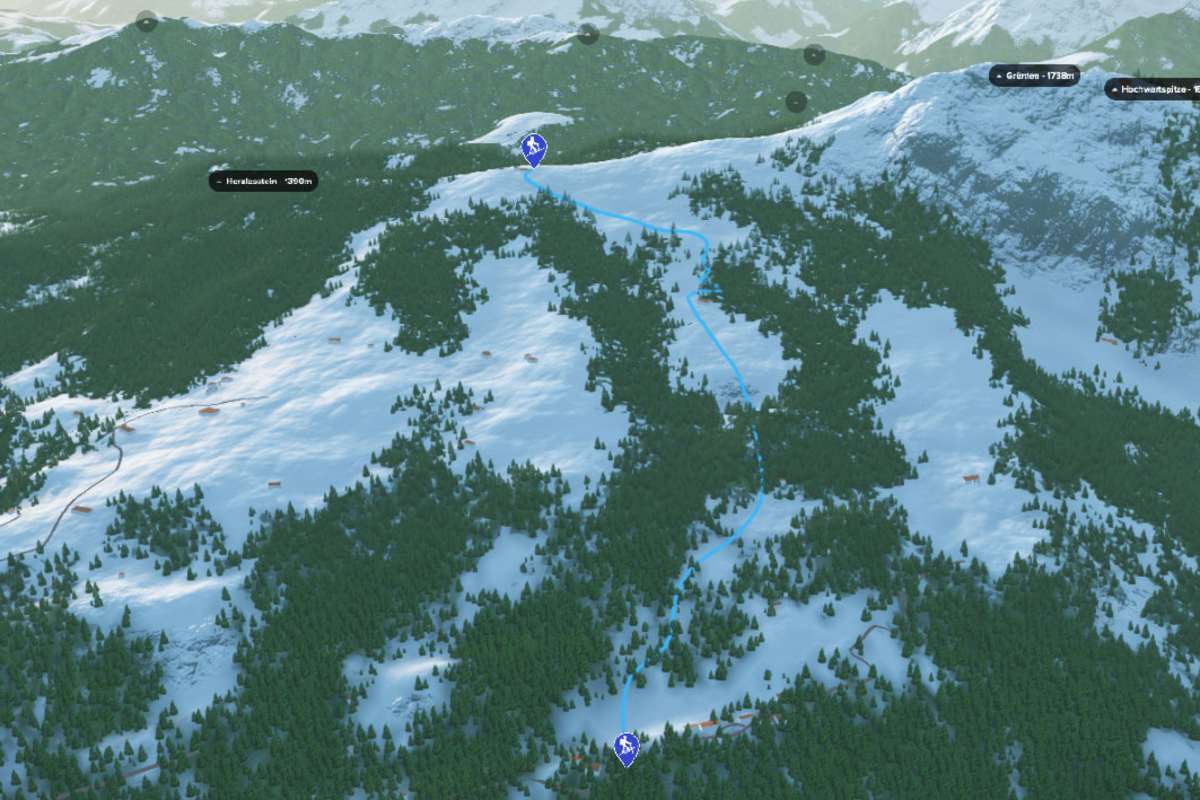 3D-Kartenausschnitt der Skitour auf den Grünten in den Allgäuer Alpen in Bayern