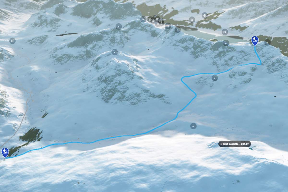 3D-Kartenausschnitt der Skitour auf den Piz Grevasalvas in der Platta-Gruppe in Graubünden