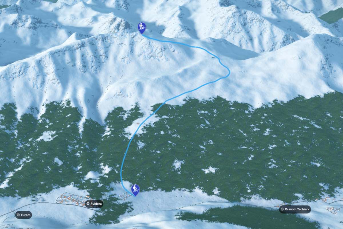 3D-Kartenausschnitt der Skitour auf den Piz Turettas im Val Müstair in Graubünden