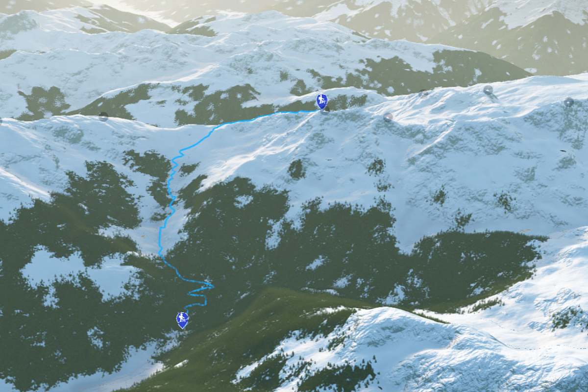 3D-Kartenausschnitt der Skituor auf die Schneegrubenspitze in den Kitzbüheler Alpen