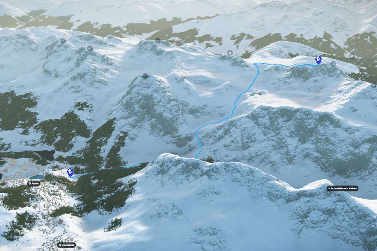 3D-Kartenausschnitt der Skitour aufs Valbellahorn bei Arosa in den Plessur-Alpen