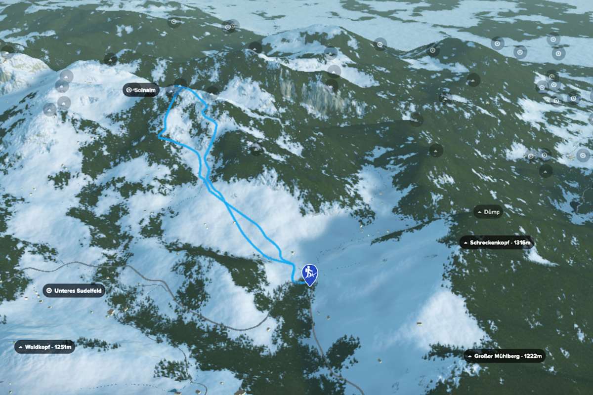 3D-Kartenausschnitt der Skitour aufs Wildalpjoch in den Bayerischen Voralpen