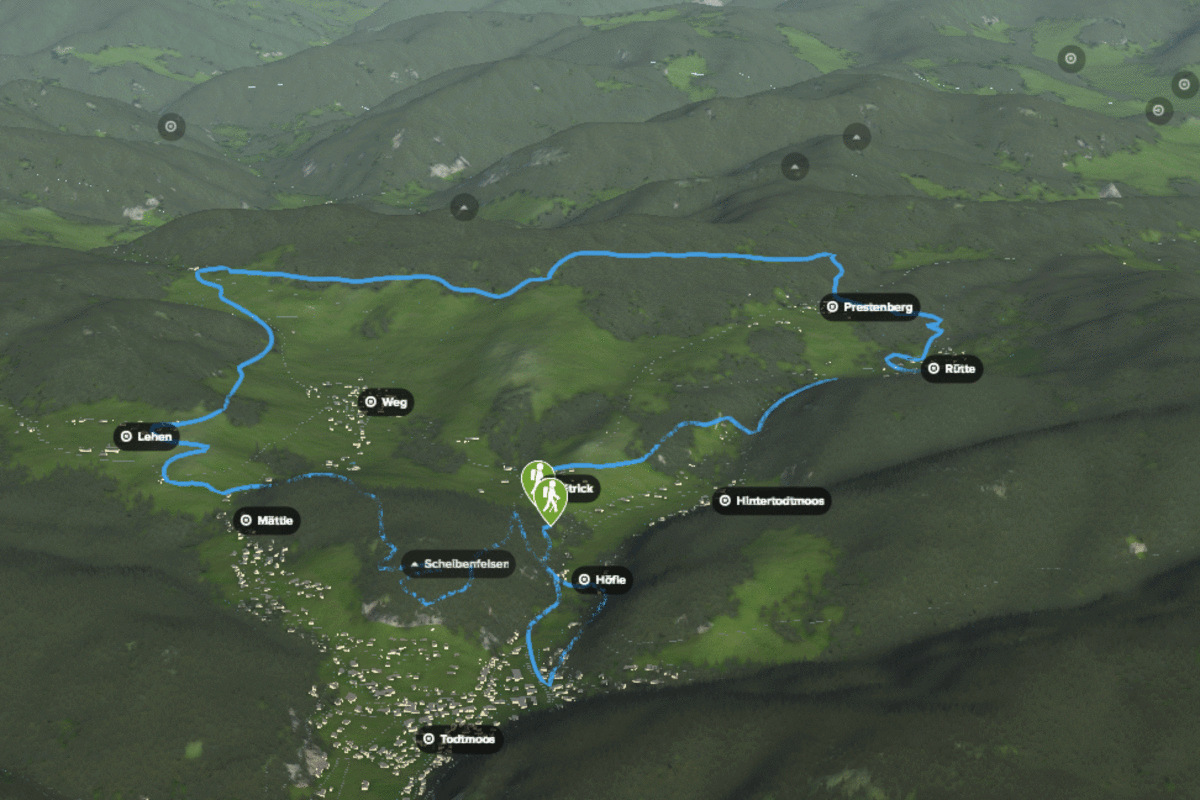 3D-Kartenausschnitt des Todtmooser Lebküchlerwegs im Hochschwarzwald in Baden-Württemberg