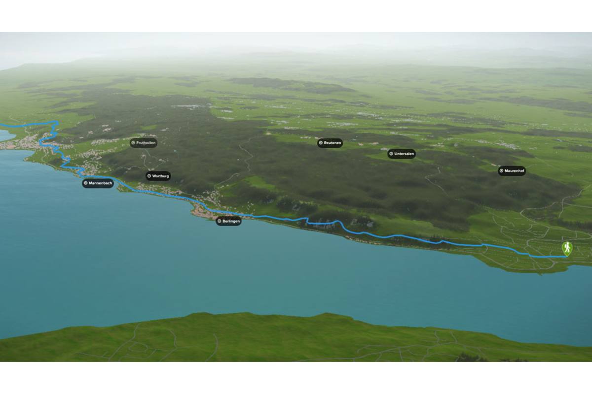 3D-Kartenausschnitt von Etappe 1 der ViaRhenana: Von Kreuzlingen nach Steckborn im Kanton Thurgau