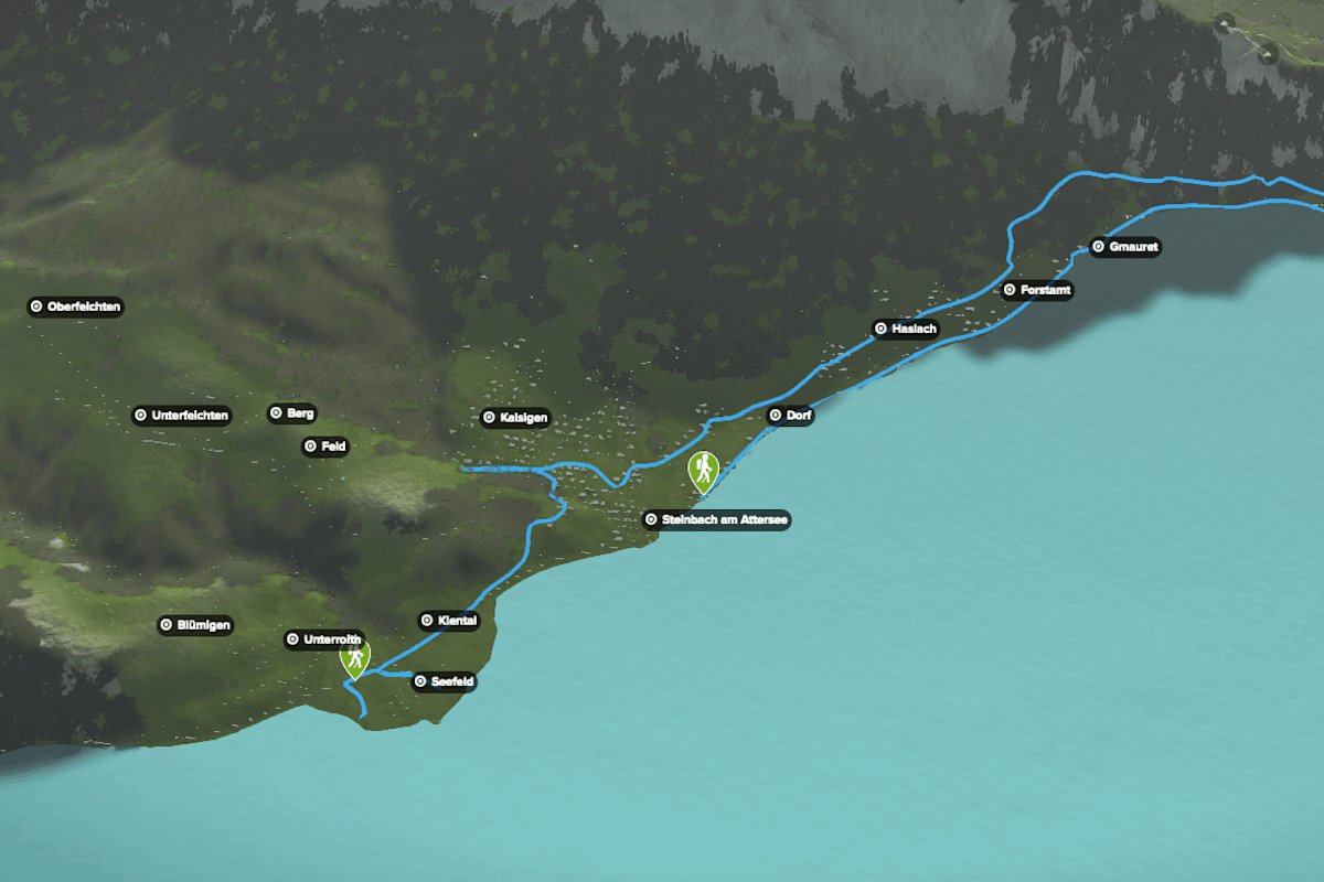 3D-Kartenausschnitt des Kulturwegs am Attersee im Salzkammergut