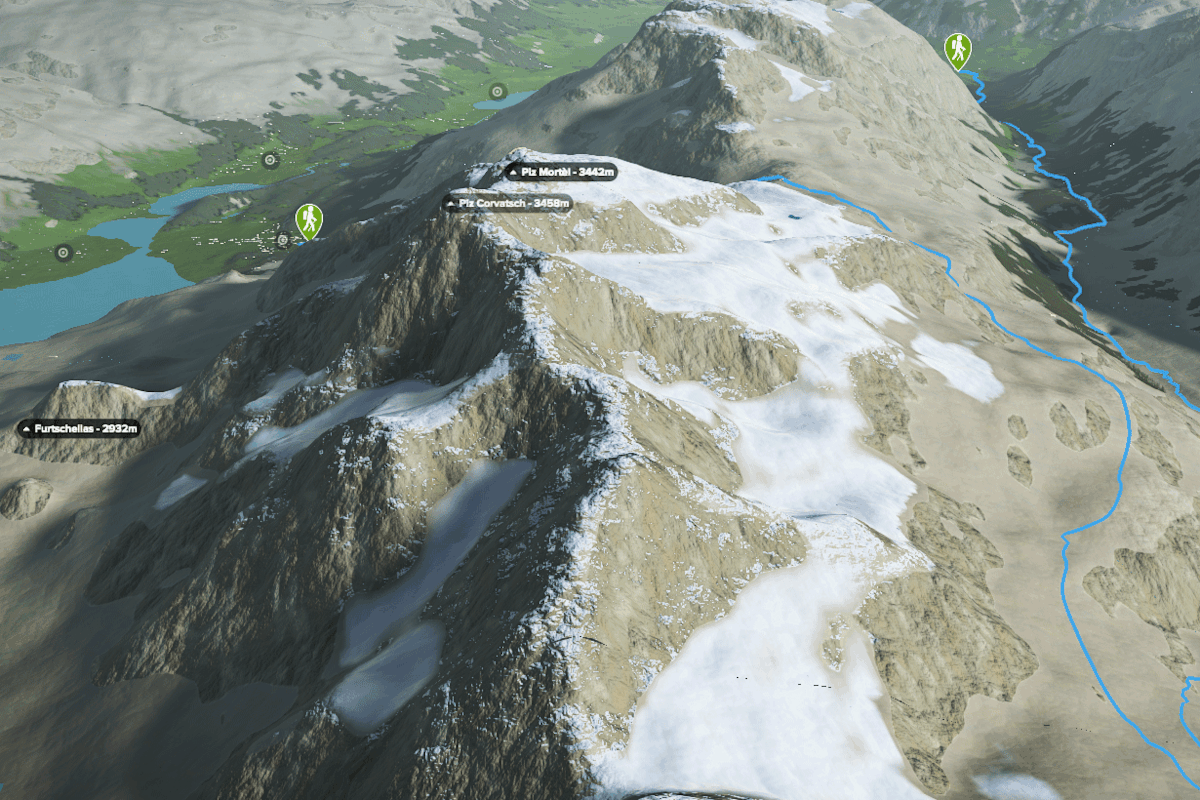 3D-Kartenausschnitt des Höhenwegs im Engadin im Kanton Graubünden