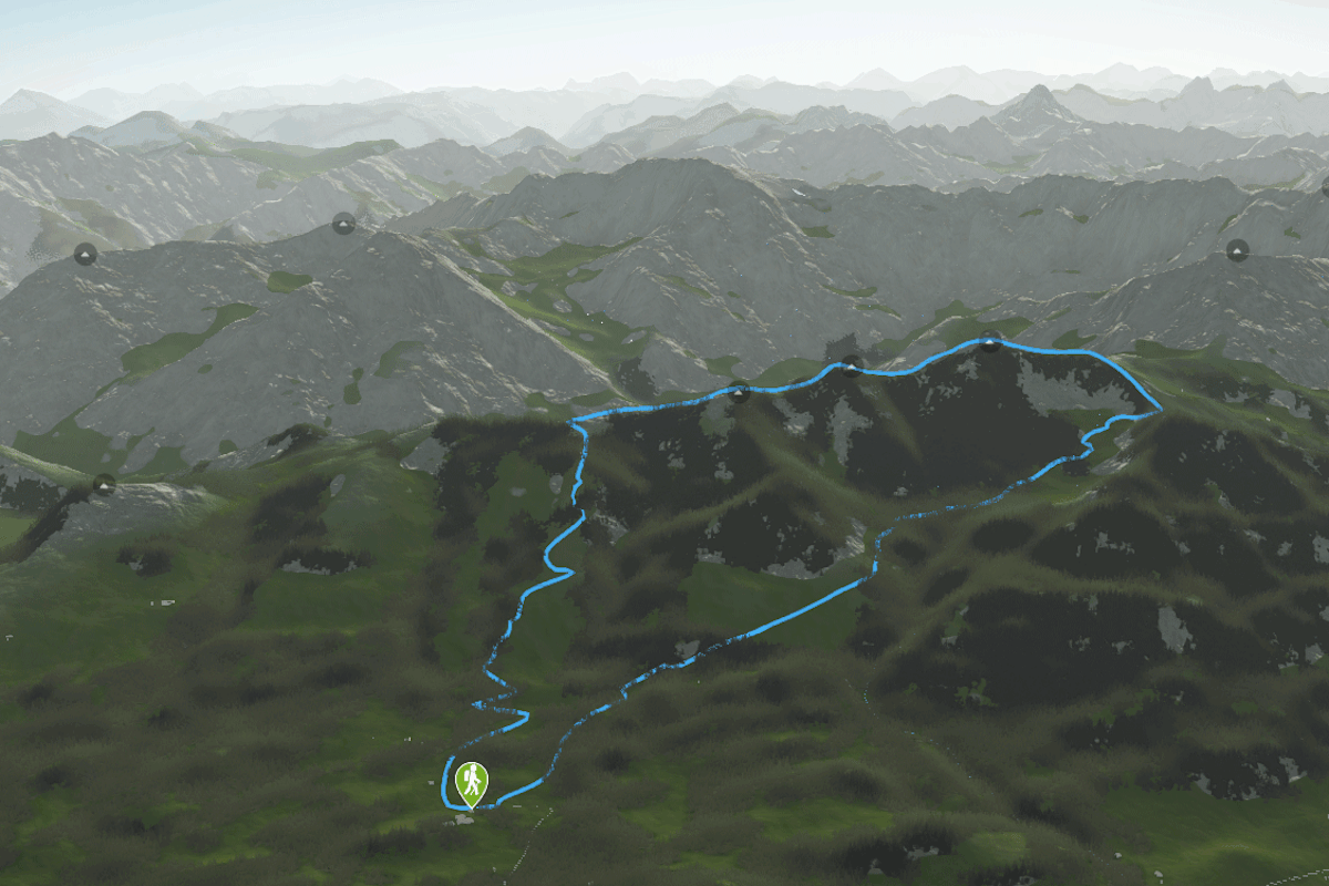 3D-Kartenausschnitt der Überschreitung der Sonnenköpfe in den Allgäuer Alpen