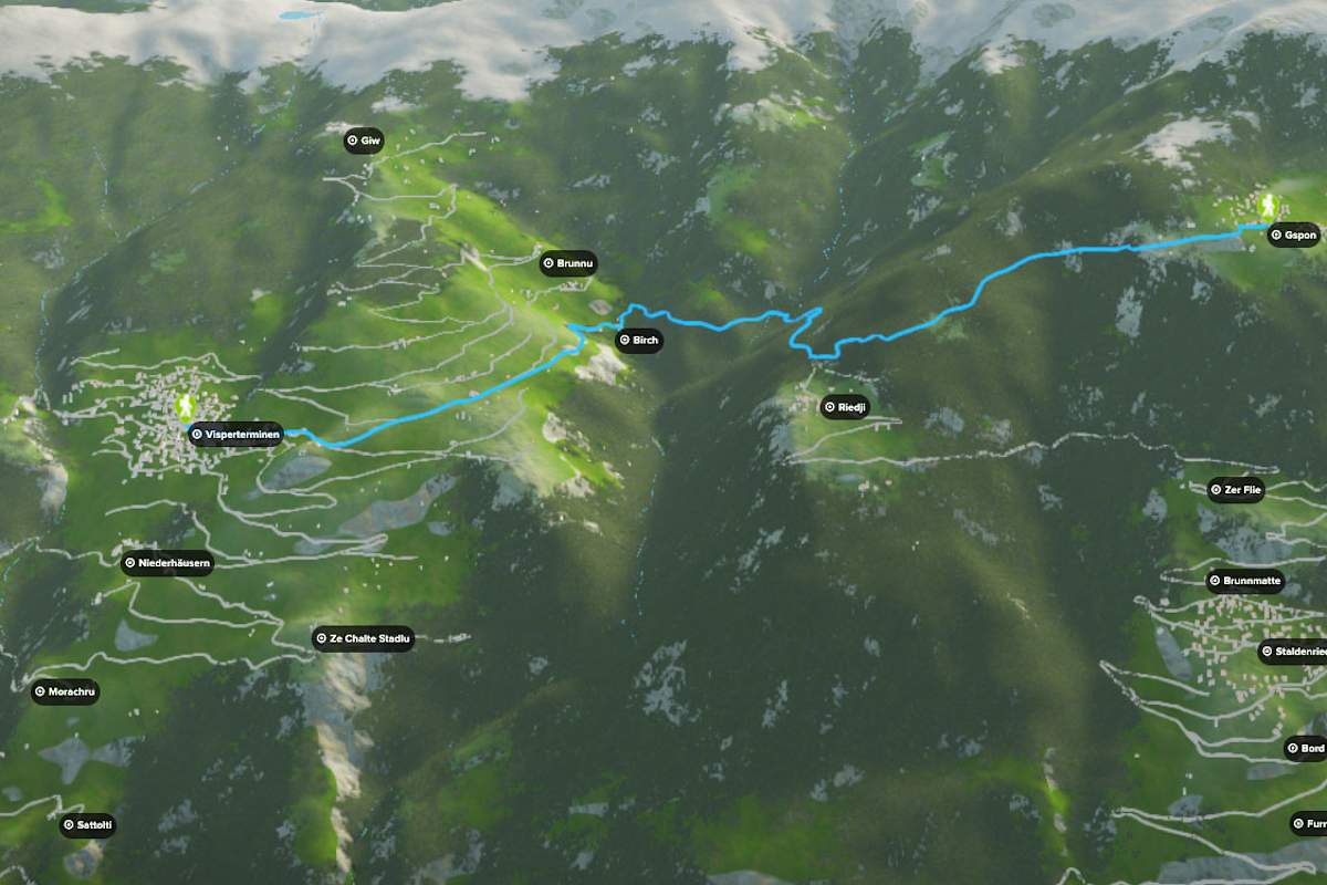 3D-Kartenausschnitt der Wanderung auf den Gspon im Wallis