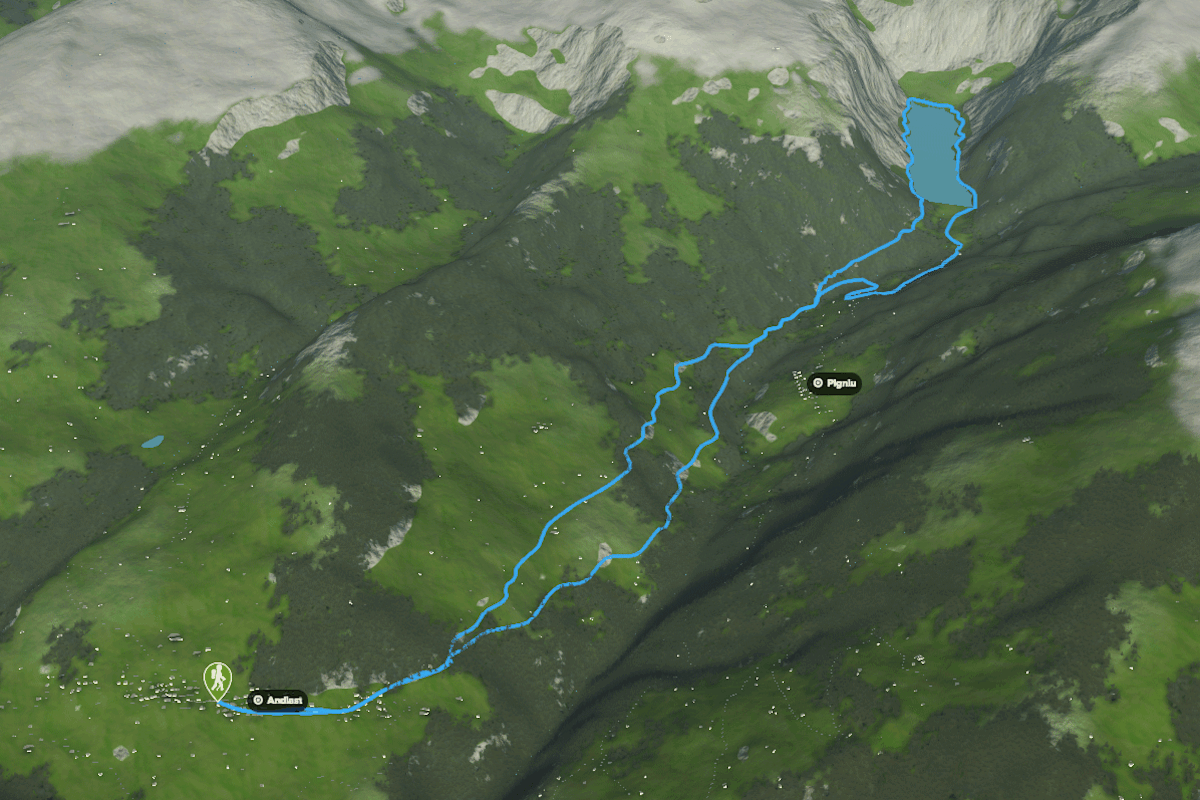 3D-Kartenausschnitt der Wanderung zum Lag da Pigniu in der Surselva in Graubünden