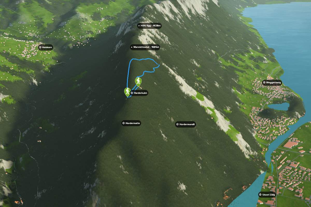3D-Kartenausschnitt des Rundwegs am Harder Kulm bei Interlaken im Kanton Bern