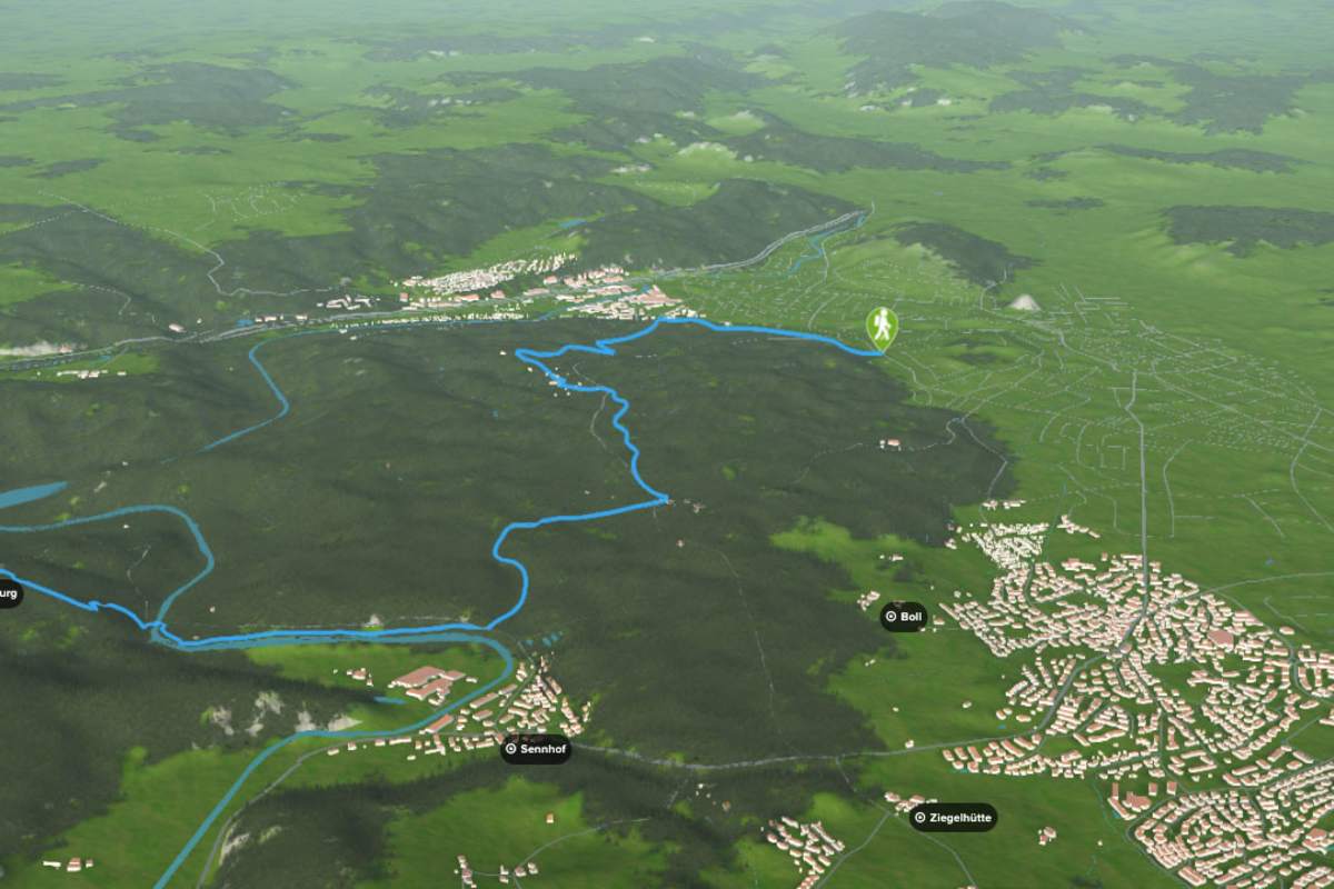 3D-Kartenausschnitt der Wanderung zum Schloss Kyburg bei Winterthur im Kanton Zürich