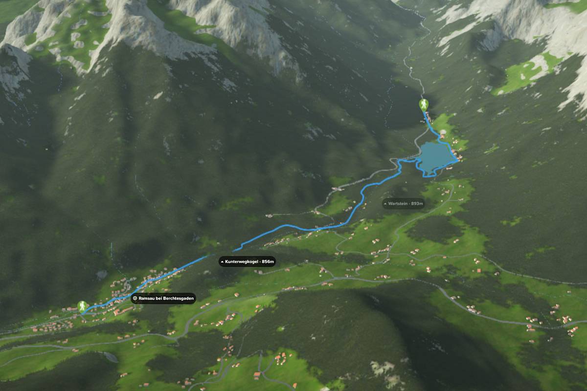 3D-Kartenausschnitt der Wanderung entlang des Ramsauer Malerwegs bei Berchtesgaden in Bayern