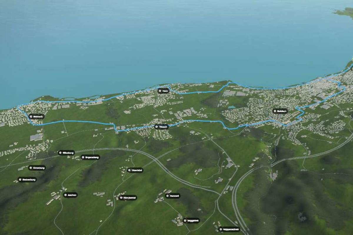 3D-Kartenausschnitt der Wanderung von Rorschach nach Steinach am Bodensee