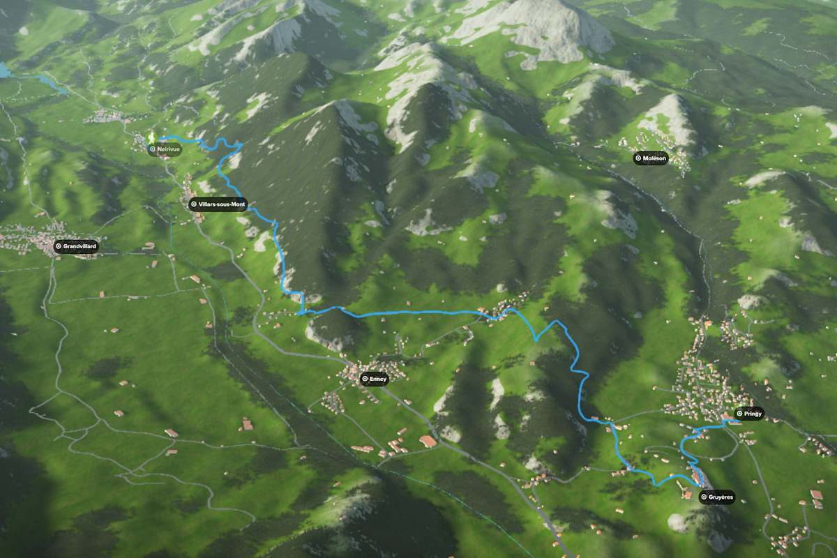 3D-Kartenausschnitt der Wanderung von Neirivue zum Schloss Greyerz im Kanton Freiburg