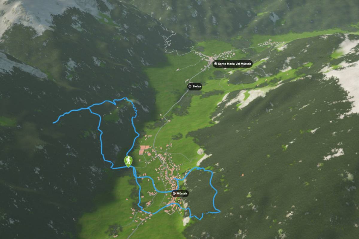 3D-Kartenausschnitt der Wanderung entlang des Naturlehrpfads Müstair im Kanton Graubünden