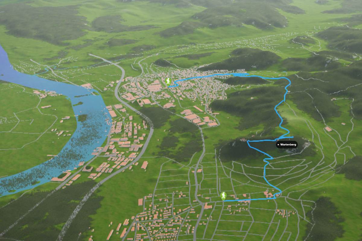 3D-Kartenausschnitt der Wanderung am Rebenlehrpfad von Muttenz nach Pratteln in Baselland