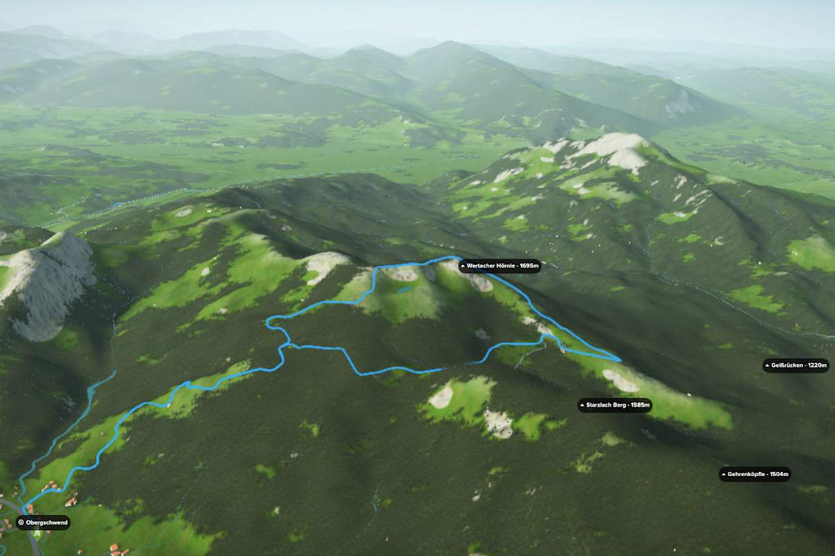 3D-Kartenausschnitt der Wanderung aufs Wertacher Hörnle in den Allgäuer Alpen in Bayern