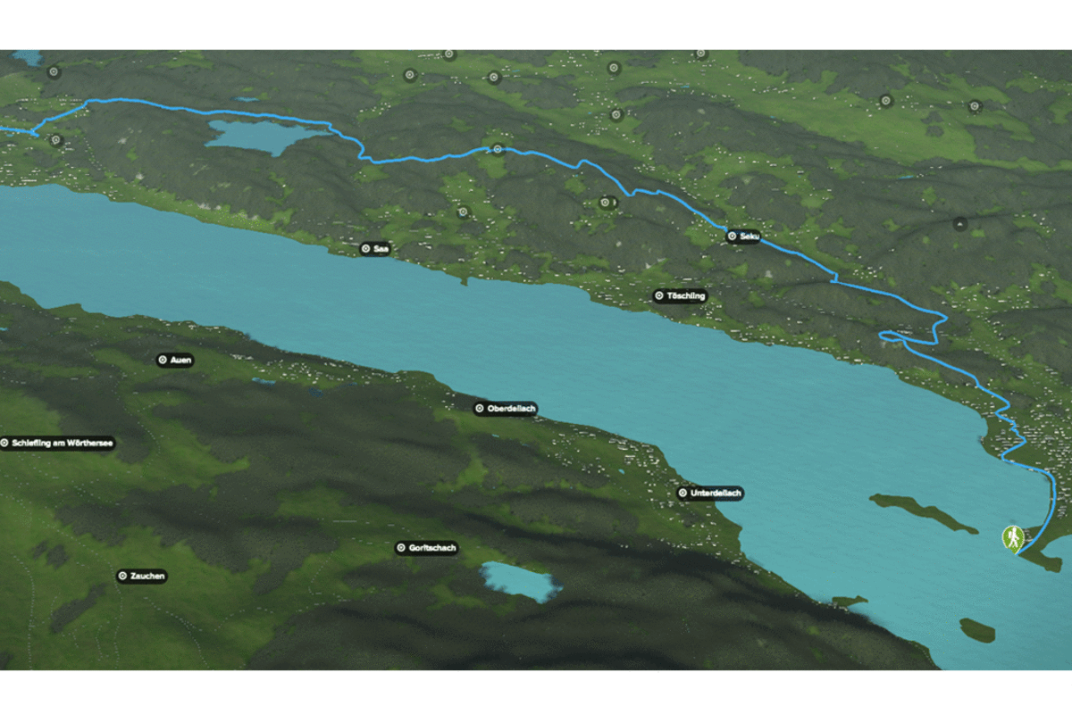 3D-Kartenausschnitt der Wanderung am Wörthersee von Pörtschach nach Velden