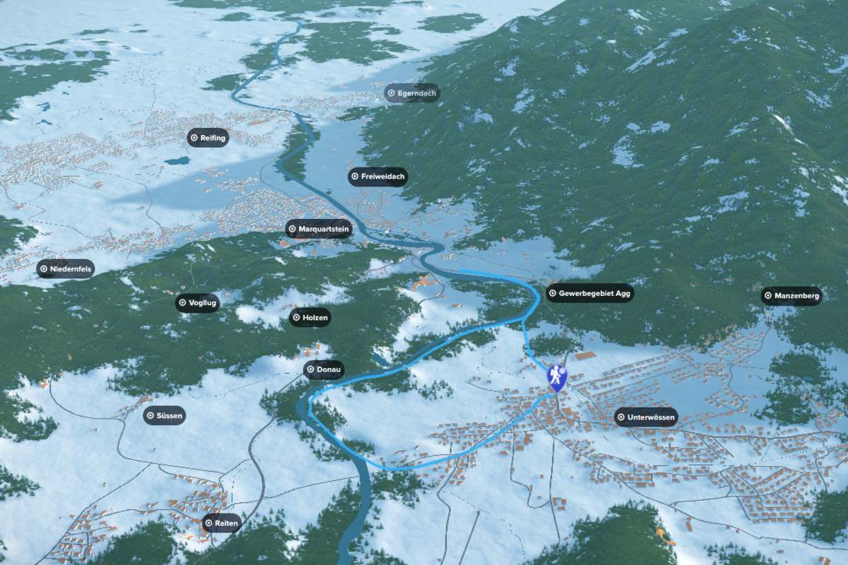 3D-Kartenausschnitt der Winterwanderung bei Unterwössen im oberbayerischen Landkreis Traunstein