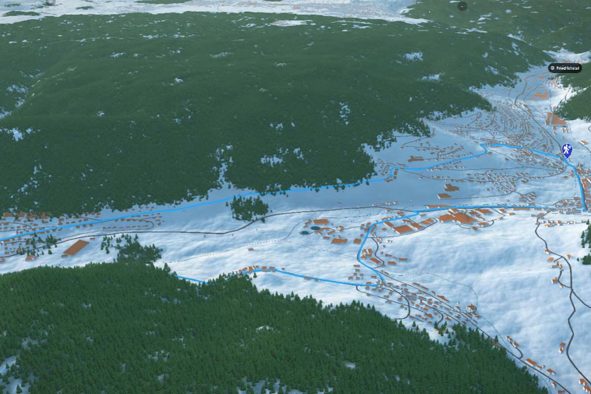 3D-Kartenausschnitt der Winterwanderung im Naturpark Schwarzwald-Mitte/Nord bei Baiersbronn in Baden-Württemberg