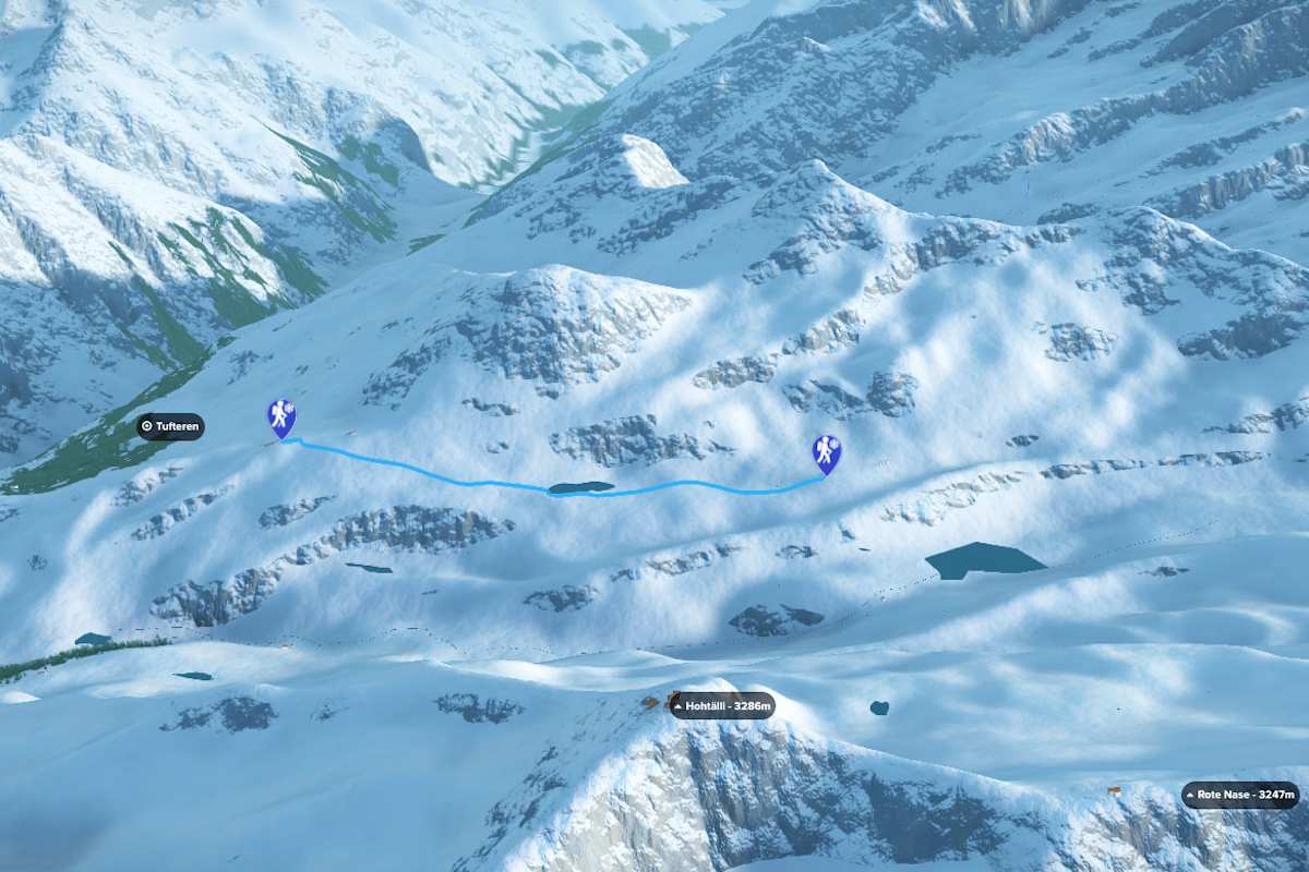 3D-Kartenausschnitt der Winterwanderung zur Fluhalp bei Zermatt im Kanton Wallis
