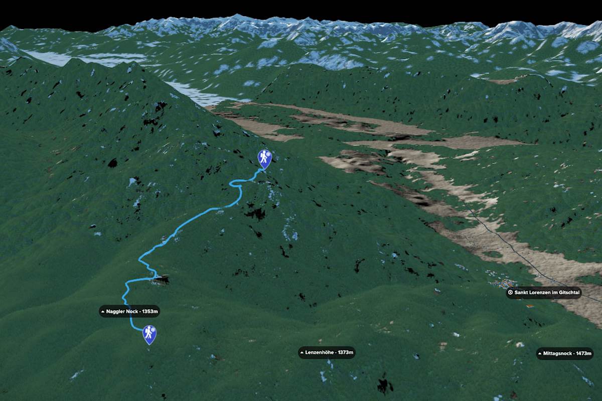 3D-Kartenausschnitt der Winterwanderung zur Kohlröslhütte in Kärnten