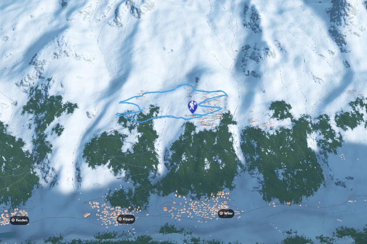 Lauchernalp: 3D-Kartenausschnitt der Winterwanderung im Lötschental im Wallis