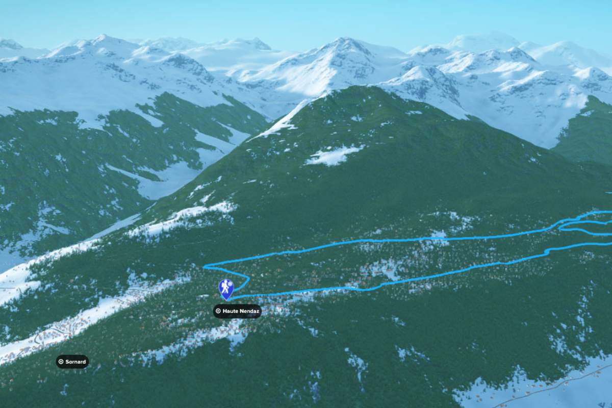 3D-Kartenausschnitt der Winterwanderung bei Haute-Nendaz im Wallis